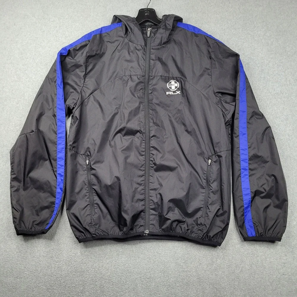 RLX Ralph Lauren Windbreaker Mens Large Black Blue Stripe Hooded Full Zip Jacket